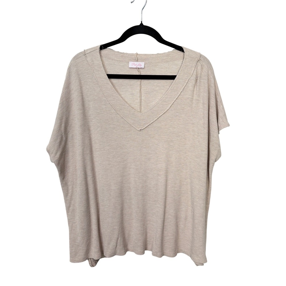 Pink Lily Waffle Knit Top Beige V-Neck Oversized Short Sleeve Size M Boho